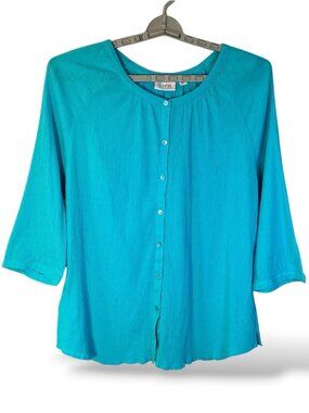 100% Cotton Blouse Accordion Crinkle Button Up Top Teal Aqua Women Plus 3X